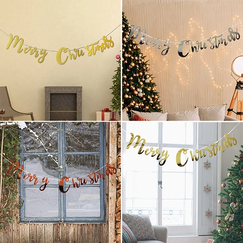 Merry Christmas Banner Glitter Cardboard Garland For Christmas Holiday Party Home Wall Decoration Sign