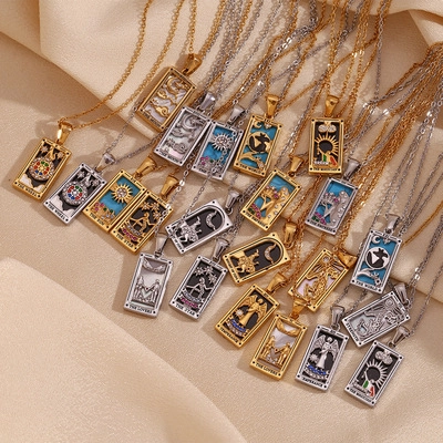 Vintage Stainless Steel Tarot Card Pendant Necklace For Women 18K Gold Plated Rhinestone Tarot Necklace The Sun Moon Lovers Jewelry