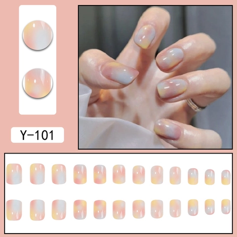 Short Square Press On Nails Glossy Ice Cream Gradient Colorful False Nails For Women Manicure Art