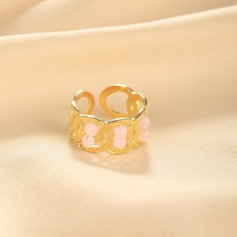 Edelstahl Gold Überzogene Unregelmäßige Hohl Offener Ring Für Damen Mode Schmuck Mit Rosa Künstlichen Perlen