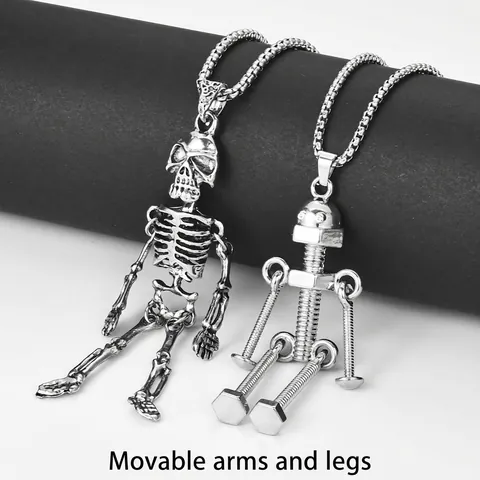 Retro Hip Hop Skeleton Human Bone Robot Pendant Necklace Stainless Steel Alloy Long Chain Punk Jewelry Men Women