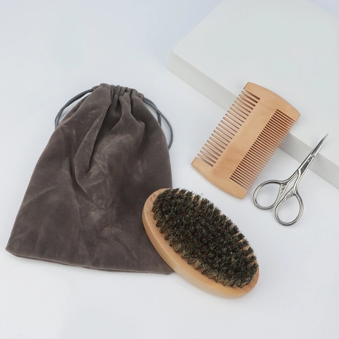 Men Beard Grooming Boar Bristle Brush Wood Comb Stainless Steel Scissors Velvet Bag Professional Personal Care Tools