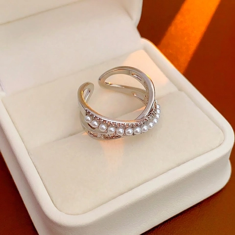 Zircon Artificial Pearl Cross Multi Layer Open Ring Copper Silver Plated Adjustable Fashion Elegant Women Jewelry