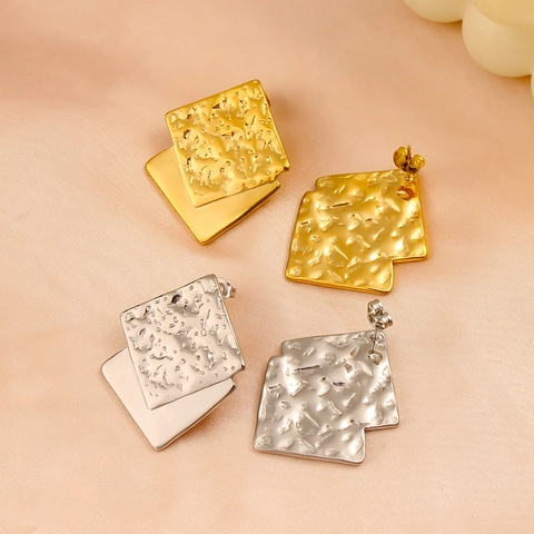 Pendientes De Botón De Acero Inoxidable Doble Capa Cuadrado Geométrico Textura Martillada Joyería De Moda Para Mujeres