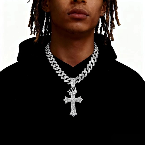Hip Hop Iced Out Κολιέ Με Μενταγιόν Σταυρό Και Στέμμα Κράμα Στρας Κουβανέζικη Αλυσίδα Κοσμήματα Trendy Unisex