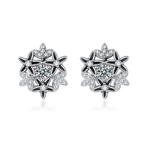 Snowflake Stud Earrings Copper With Black Enamel And Zircon Vintage Elegant Jewelry For Women