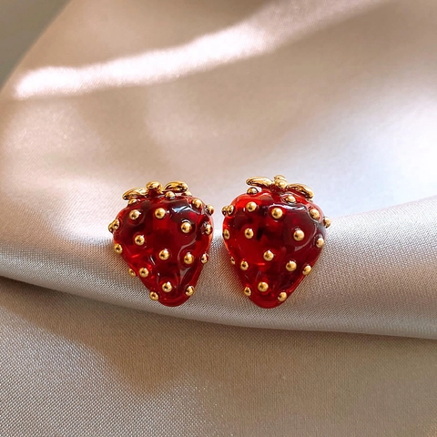 Strawberry Stud Earrings Red Resin Copper With 925 Sterling Silver Earring Post Sweet Fruit Jewelry For Women