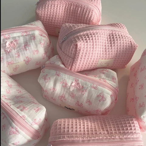 Bolsa De Maquillaje De Tela Acolchada Gran Capacidad Neceser De Viaje Estampado Floral Con Lazo Dulce Organizador Para Mujeres
