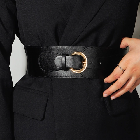 Cintura Corsetto Larga Da Donna Similpelle Elastica Fibbia Metallo Dorato Estensibile Per Vestito Cappotto Versatile
