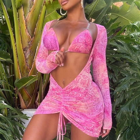 Rosa Schlangenmuster Bikini Oberteil Langarm Crop Top Gerüschter Minirock Sexy Streetwear Urlaub Outfit