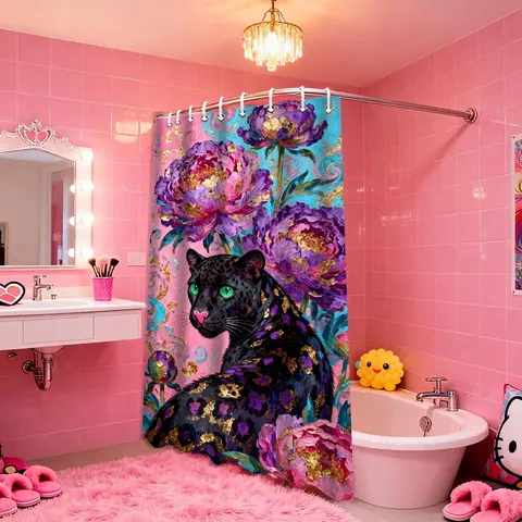 Duschvorhang Wasserdichtes Polyestergewebe 3D Digitaldruck Schwarzer Panther Wolf Kitsune Kunst Fantasie Badezimmer Dekor