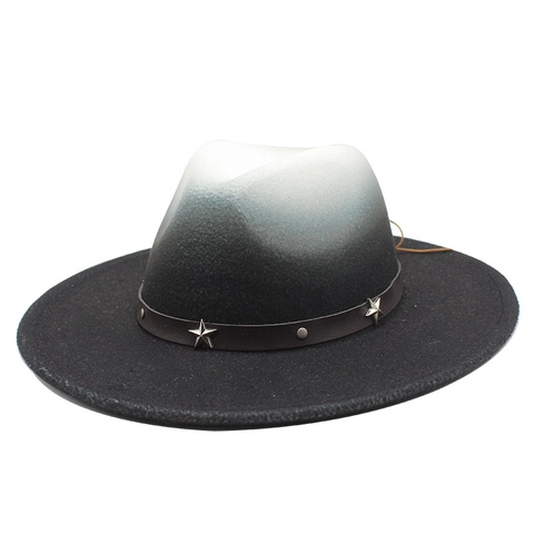 Breitkrempiger Fedora Hut Wollfilz Farbverlauf Patchwork Western Jazz Hut Mit Sternnieten Lederband Für Damen Herren