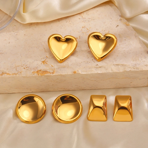 Pendientes De Acero Inoxidable Oro 18K Geometrico Corazon Redondo Rectangulo Pulido Joyeria Mujeres