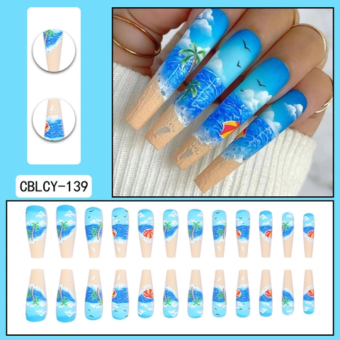 Press On Nails Long Coffin Summer Beach Theme Hand Painted Ocean Palm Tree Style Artificial Fingernails For Women