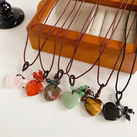 Collier Pendentif Coeur Pierre Naturelle Cordon Tressé Fait Main Vintage Ethnique Longue Chaîne Pull Femmes