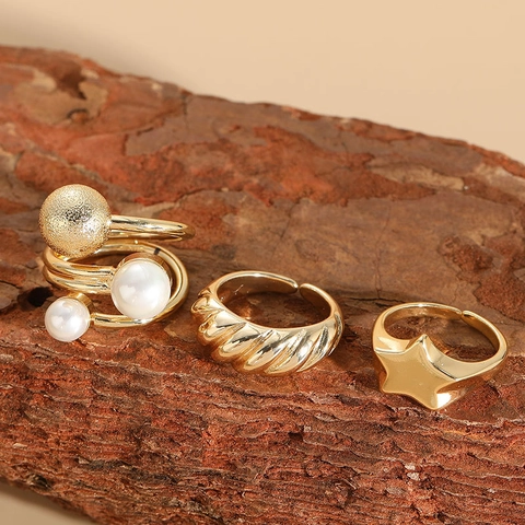 Mode Ringe 14K Vergoldet Kupfer Messing Kunstperle Stern Geometrisch Croissant Textur Verstellbar Offen Für Damen