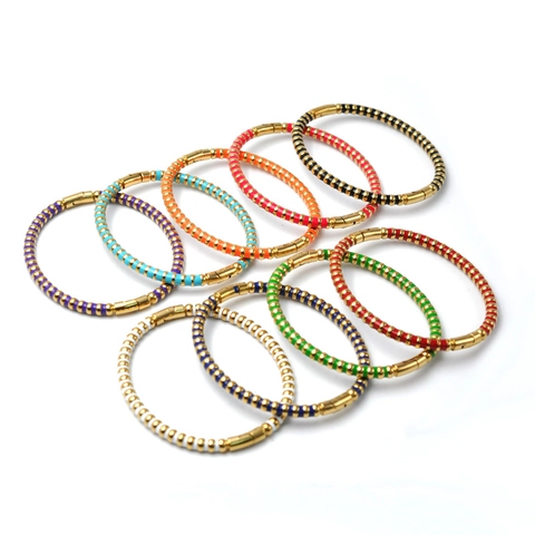 Stainless Steel Enamel Bangle Geometric Striped Hinged Clasp Gold Plated Minimalist Bracelet For Men Women