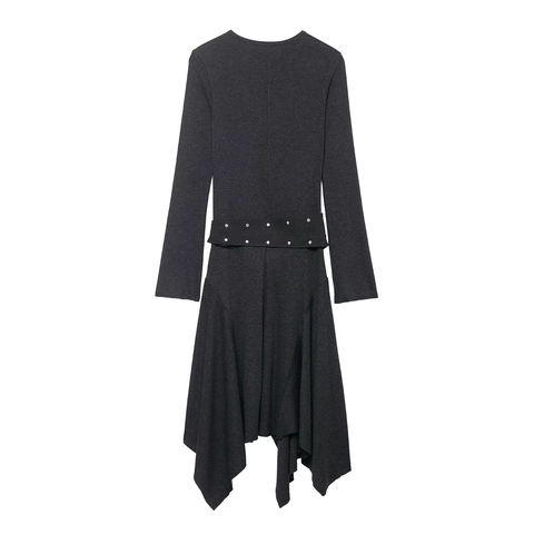 Women Long Sleeve Asymmetrical Midi Dress Solid Color Knit Texture With Belt Round Neck Irregular Hem Elegant Style