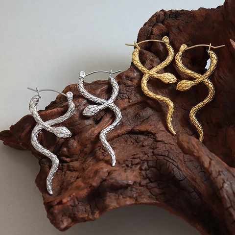 Pendientes De Aro Forma Serpiente Acero De Titanio Textura Escamas Punk Minimalista Gótico Joyería Para Mujer