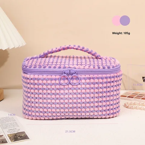 Plush Makeup Bag Large Capacity Checkered Zipper Portable Cosmetic Organizer Travel Toiletry Case For Women Soft Cute