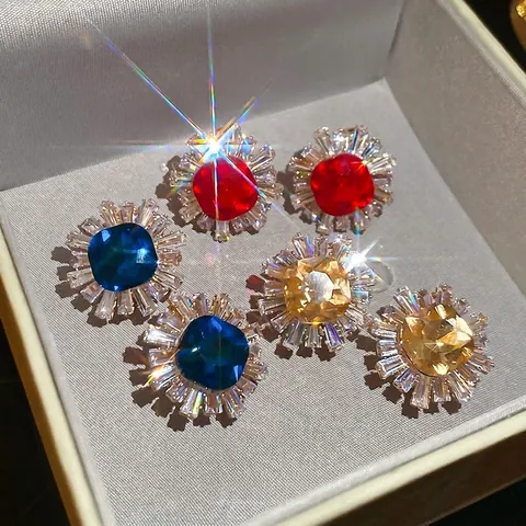 Sunflower Stud Earrings With Silver Earring Post Copper Zircon Baguette Cut Retro Court Style Exquisite For Women Elegant