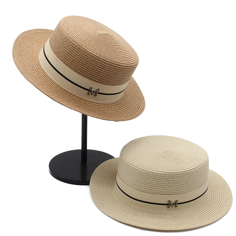 Cappello Paglia Boater Tesa Piatta Estate Spiaggia Sole Con Lettera M Metallo Nastro Elegante Vintage