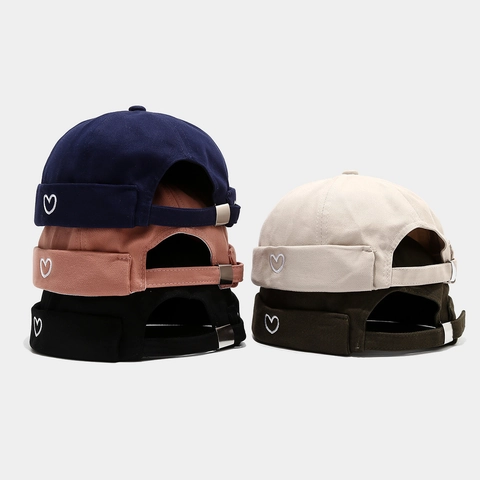 Baumwolle Docker Mütze Mit Herz Stickerei Retro Randlose Miki Kappe Verstellbare Metallschnalle Hip Hop Streetwear