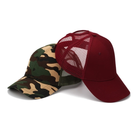 Women Ponytail Baseball Cap Criss Cross Elastic Back High Bun Mesh Trucker Hat Sun Protection Camouflage Solid Color Breathable Adjustable