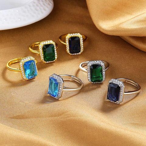 Retro Rectangular Zircon Halo Ring Women Luxury Copper Adjustable Open Finger Ring Fashion Jewelry