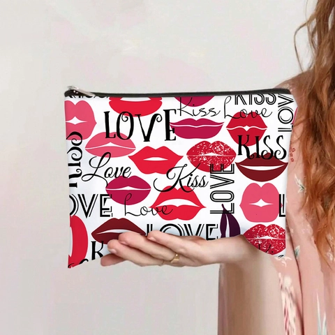 Canvas Make-up Tas Rits Cosmetische Etui Reis Toilettas Hart Lip Patroon Valentijnsdag Cadeau Voor Vrouwen