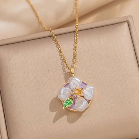 Collier Avec Pendentif Fleur Acier Titane Émail Künstliche Perle Baroque Zircon Peint À La Main Style Rétro Français Bijoux Pour Femmes
