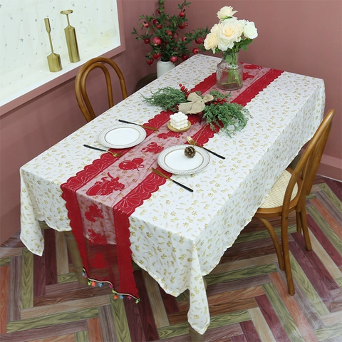 Kerst Tafelloper Rood Kant Feestdecoratie Kwastjes Bellen Patroon Polyester Eettafel Decoratie