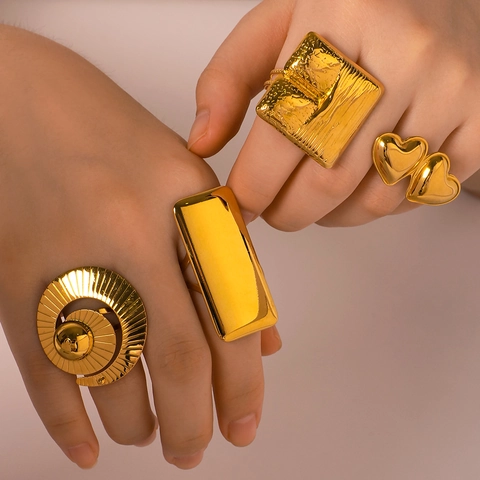 Adjustable Open Ring 18K Gold Plated Stainless Steel Chunky Geometric Square Heart Shell Vintage Fashion Women Men