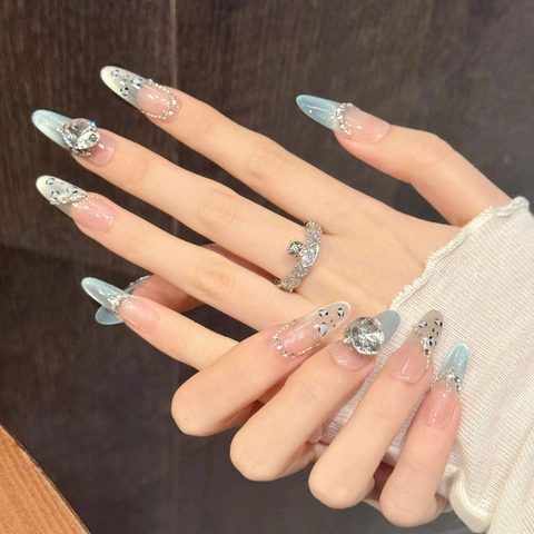 Handmade Press On Nails Dreamy Blue Cat Eye Gradient Leopard Print Rhinestone Almond Shape Luxury Decorative Fake Nails