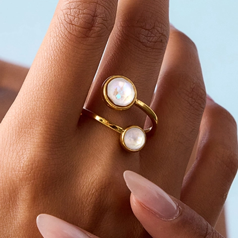 Dames Roestvrijstalen Open Verstelbare Ring Verguld Dubbele Synthetische Opaal Zirkoon Luxe Sieraden Waterbestendig