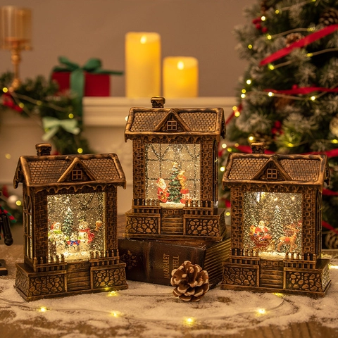 Christmas Snow Globe Lantern House Shaped Retro LED Night Light Rotating Glitter Liquid Bronze Finish Xmas Decor