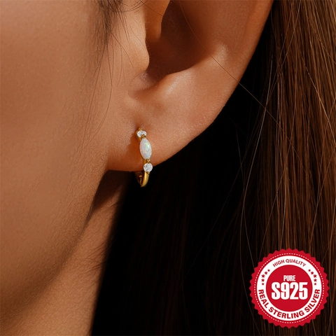 925 Sterling Silver Marquise Opal Zirconia Small Hoop Earrings Electroplated Oval Stone Ear Buckles Elegant Jewelry For Women