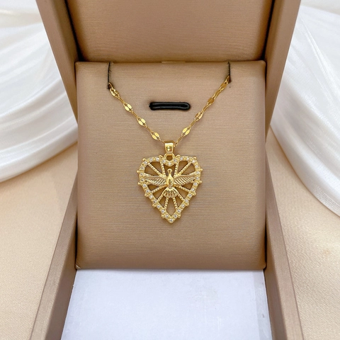 Herzanhänger Halskette Friedenstaube Edelstahl Kupfer Mikro Pave Zirkonia Vergoldet Eleganter Damenschmuck