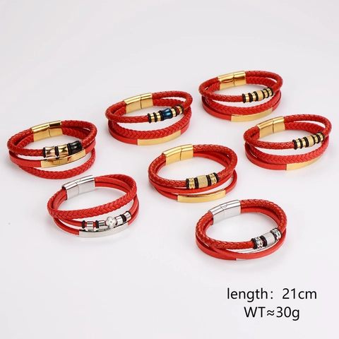 Mens Multi Layer Braided Leather Bracelet With 304 Stainless Steel Magnetic Clasp Retro Punk Jewelry Red Wristband