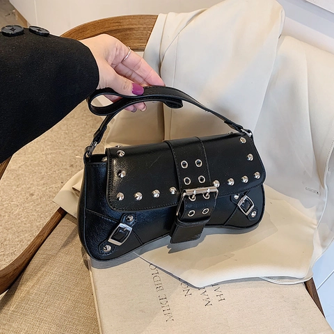 Women Punk Rivet Shoulder Bag PU Leather Vintage Motorcycle Millennium Style Underarm Baguette Bag With Silver Metal Buckle