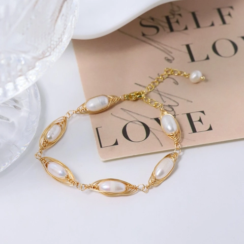 Handmade Wire Wrapped Bracelet For Women Titanium Steel Freshwater Pearl Adjustable Extension Chain Vintage Jewelry Gift