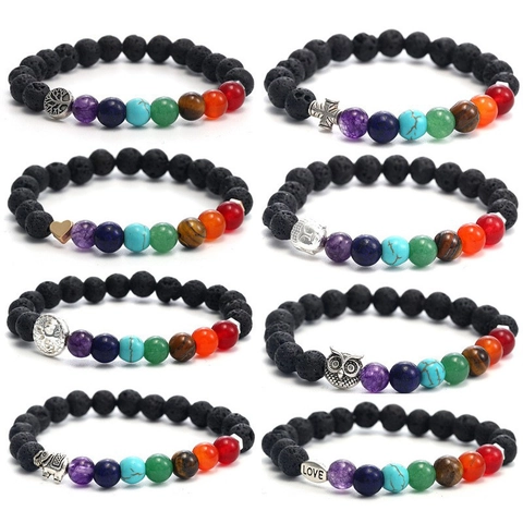 7 Chakra Natural Stone Lava Rock Beaded Bracelet With Tree Of Life Buddha Owl Alloy Charm Elastic Yoga Diffuser Jewelry