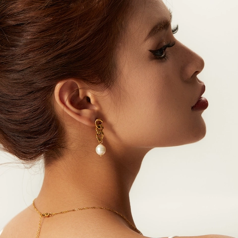 Boucles d'Oreilles Pendantes en Acier Inoxydable Plaqué Or 18K Chaîne Cubaine Perle d'Eau Douce pour Femme Bijoux Géométriques