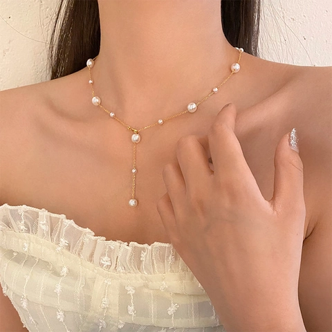 Elegant Y-Shape Artificial Pearl Necklace Gold Titanium Steel Minimalist Clavicle Chain Fashionable Long Drop Jewelry For Women