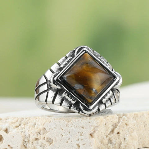 Vintage Square Gemstone Signet Ring Men Retro Stainless Steel Ethnic Punk Biker Jewelry With Stone Inlay