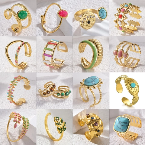Vintage Adjustable Open Ring Stainless Steel Gold Plated Turquoise Evil Eye Enamel Geometric Jewelry Women