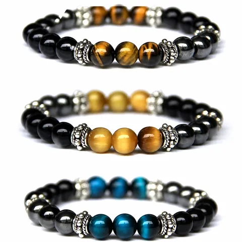 Bracelet En Perles De Pierre Oeil De Tigre Naturel Obsidienne Hématite Perles Rondes Élastique Pour Hommes Femmes