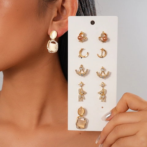 Pendientes Con Circón Diamante De Imitación Perla Artificial Oso Luna Geométrico Y Poste De Plata 925 Moda Elegante Para Mujeres