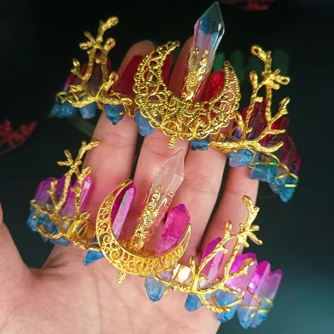 Cerchietto Corona Cristallo Fatto Mano Aura Quarzo Rami Dorati Luna Boho Gotico Sposa Cosplay Fantasy Accessorio Capelli