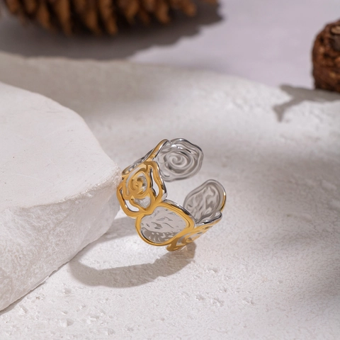 Bague Ouverte Ajustable Fleur Rose Bicolore Acier Inoxydable Bijoux Texturés Floraux Creux Pour Femmes Hypoallergénique